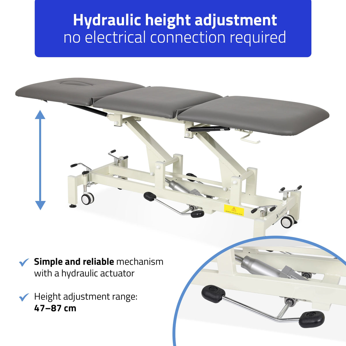 Ultima H3 hoitopöytä, hydraulinen säätö, pyörillä, PVC harmaa