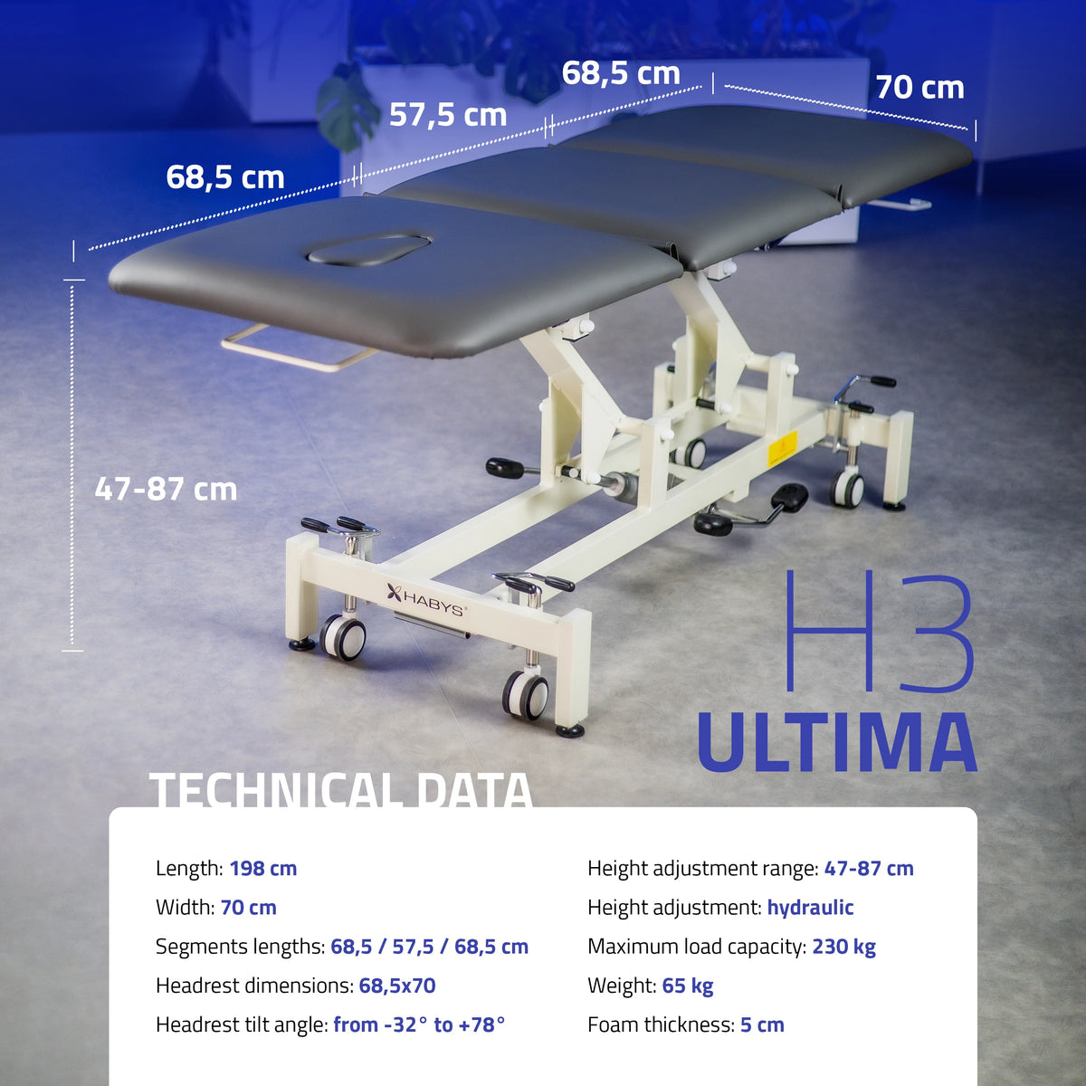 Ultima H3 hoitopöytä, hydraulinen säätö, pyörillä, PVC harmaa