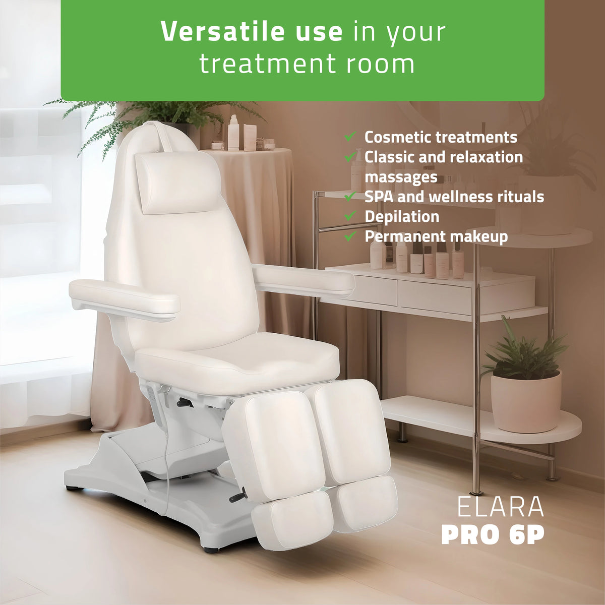 Косметологическое кресло, электрическое Elara PRO 6P, белое