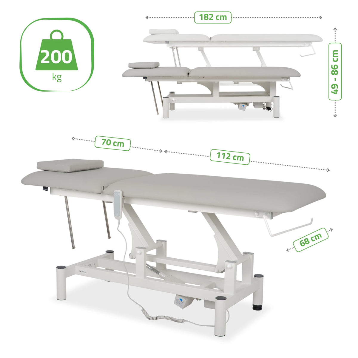 Table de massage Optima Therapy, ajustement électrique en hauteur avec télécommande – Satin Comfort k729 grise