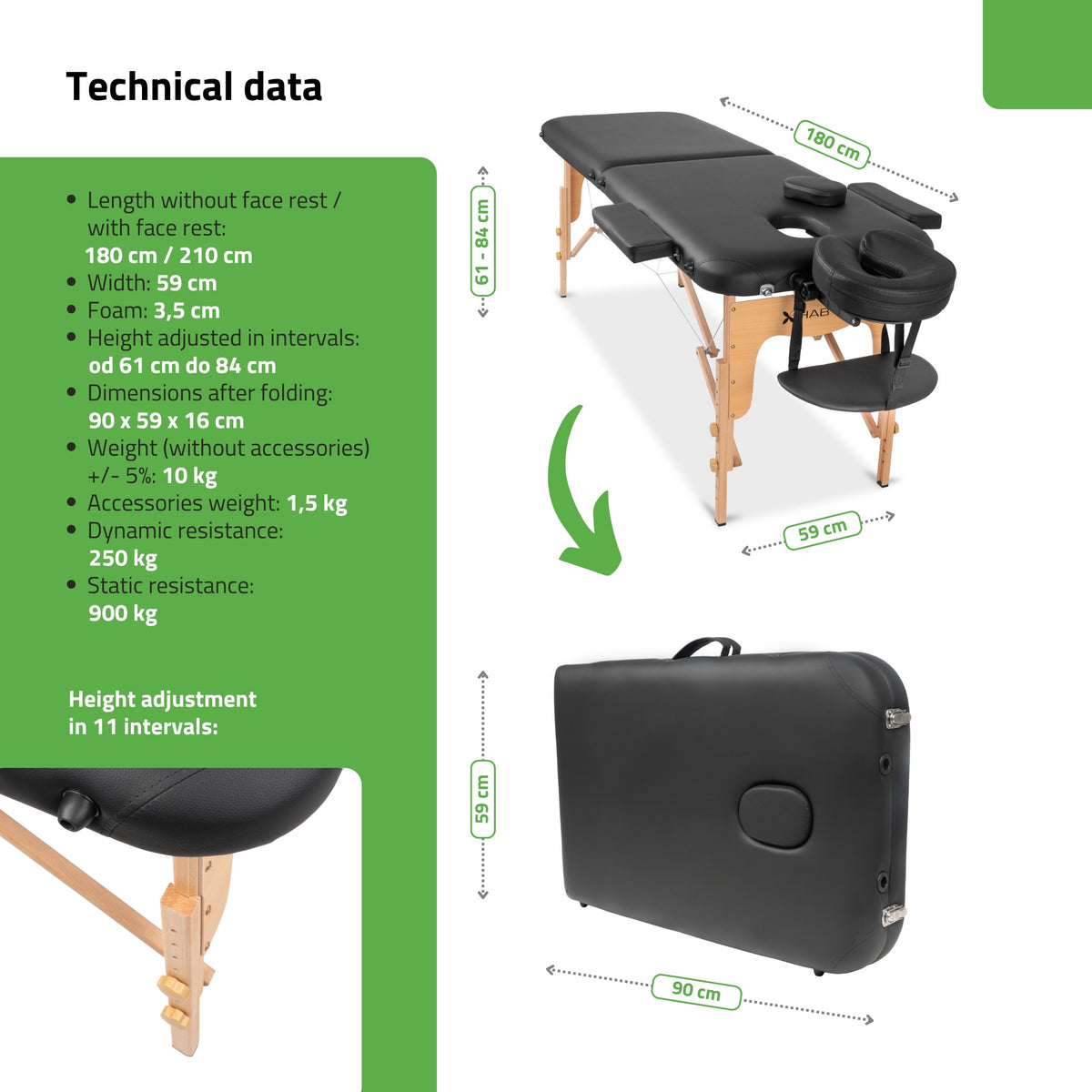Lettino massaggio pieghevole Lira Comfy Base K515, nero