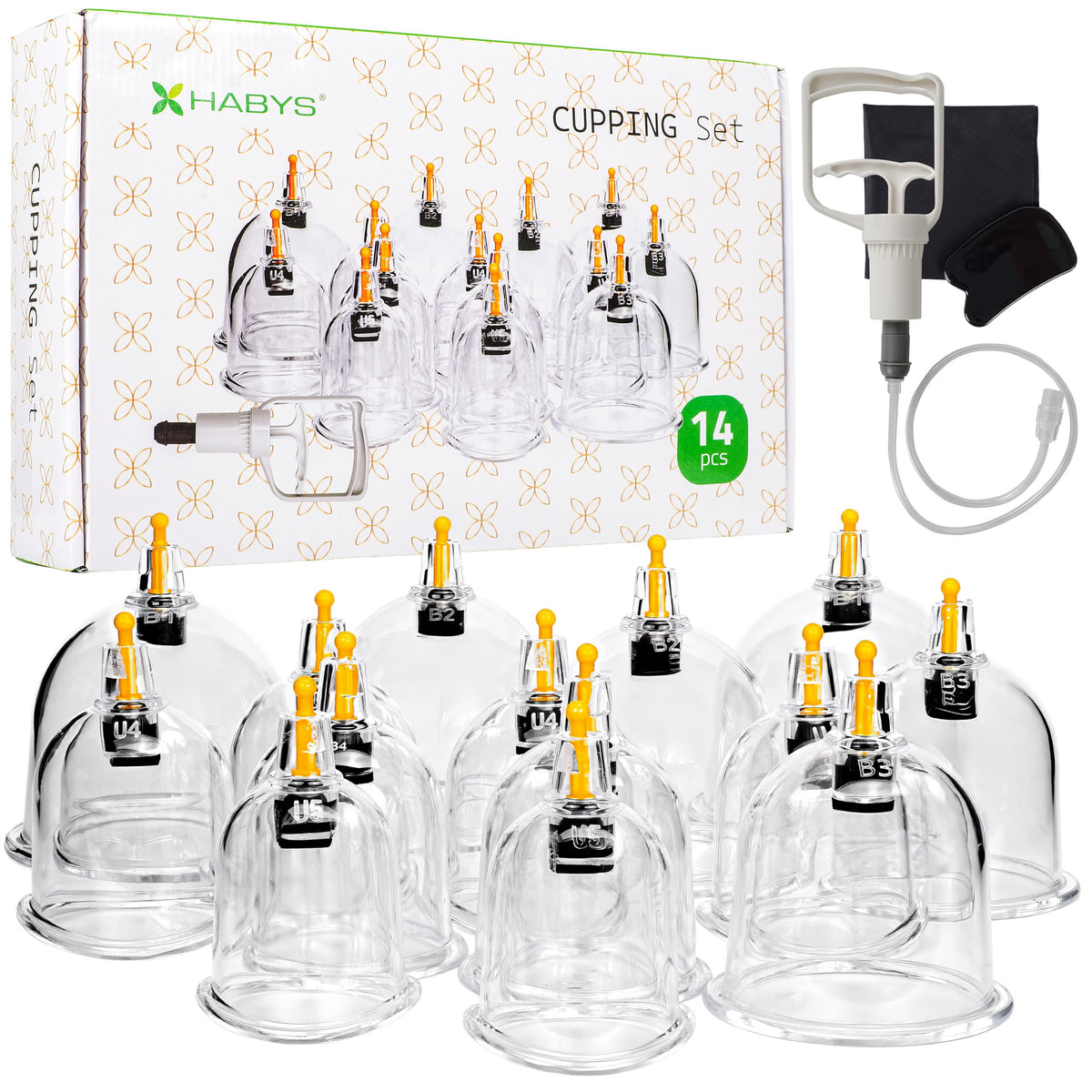 Vacuum cupping cups, fireless, with pump, set of 14 pcs. 