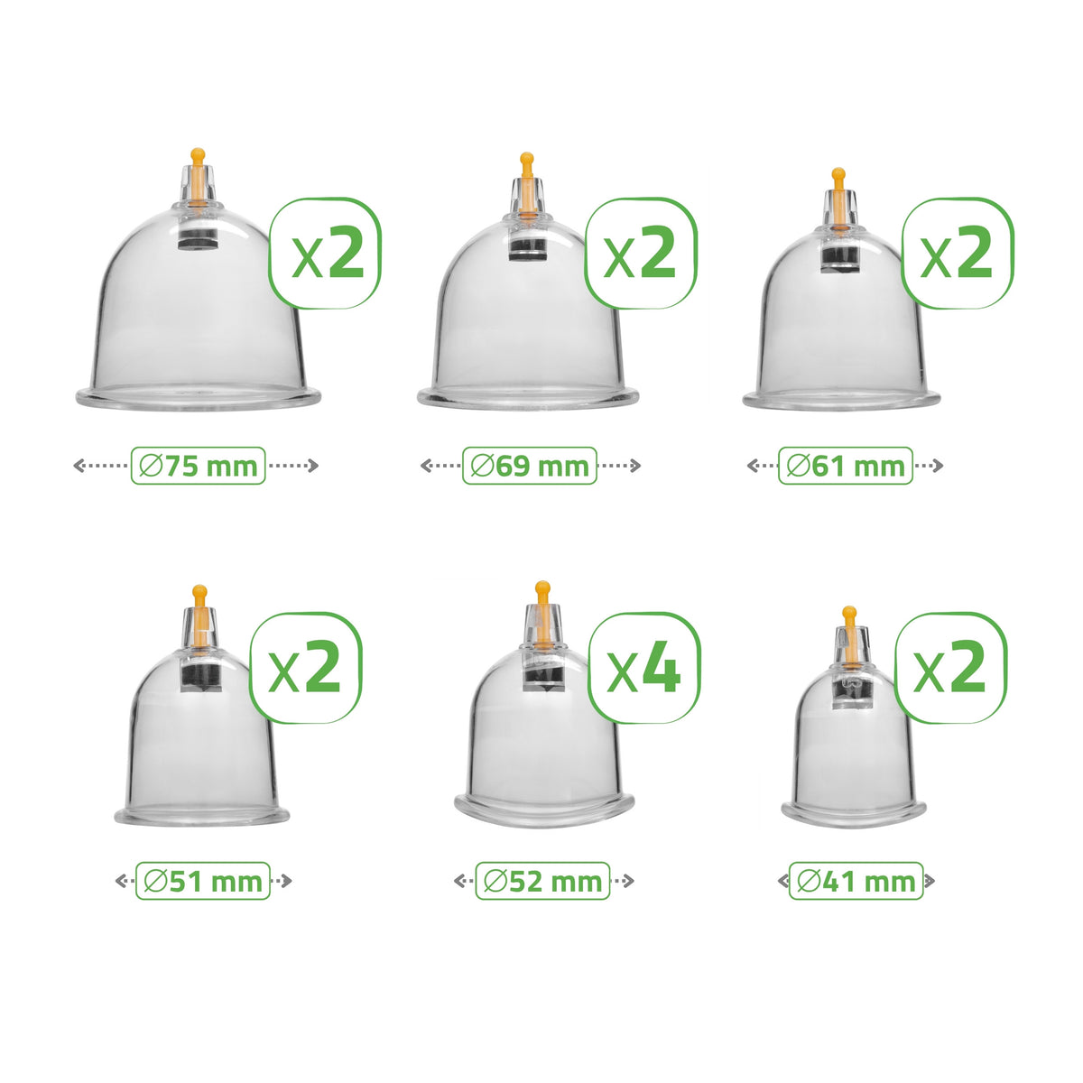 Vacuum cupping cups, fireless, with pump, set of 14 pcs. 