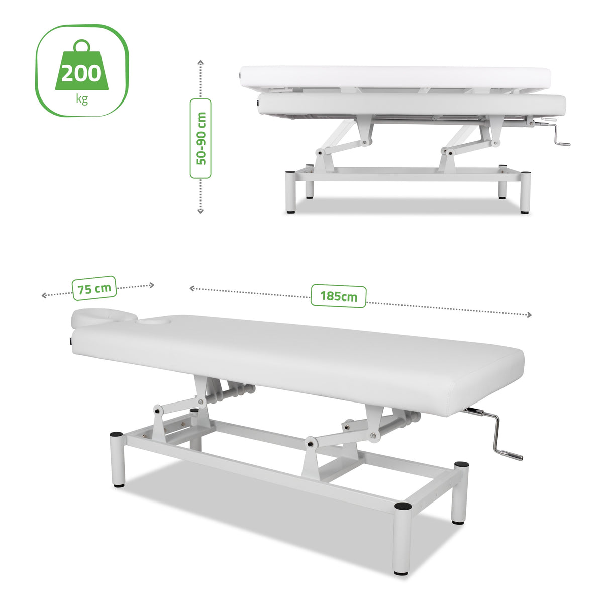 Table de massage VIGO 1 stationnaire avec réglage manuel de la hauteur, blanche