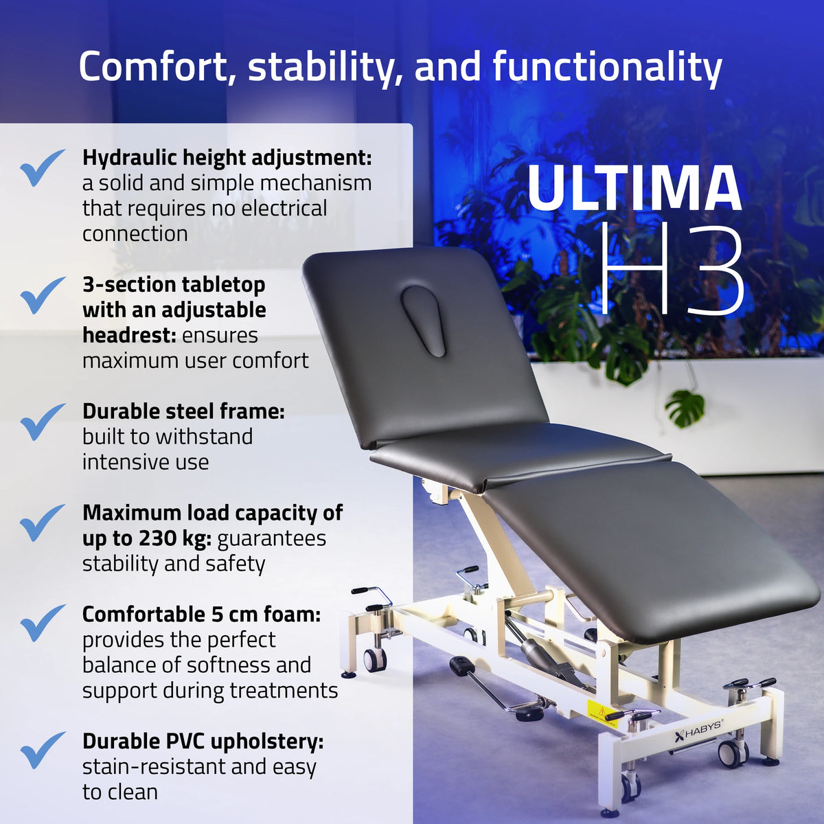 Ultima H3 hoitopöytä, hydraulinen säätö, pyörillä, PVC harmaa