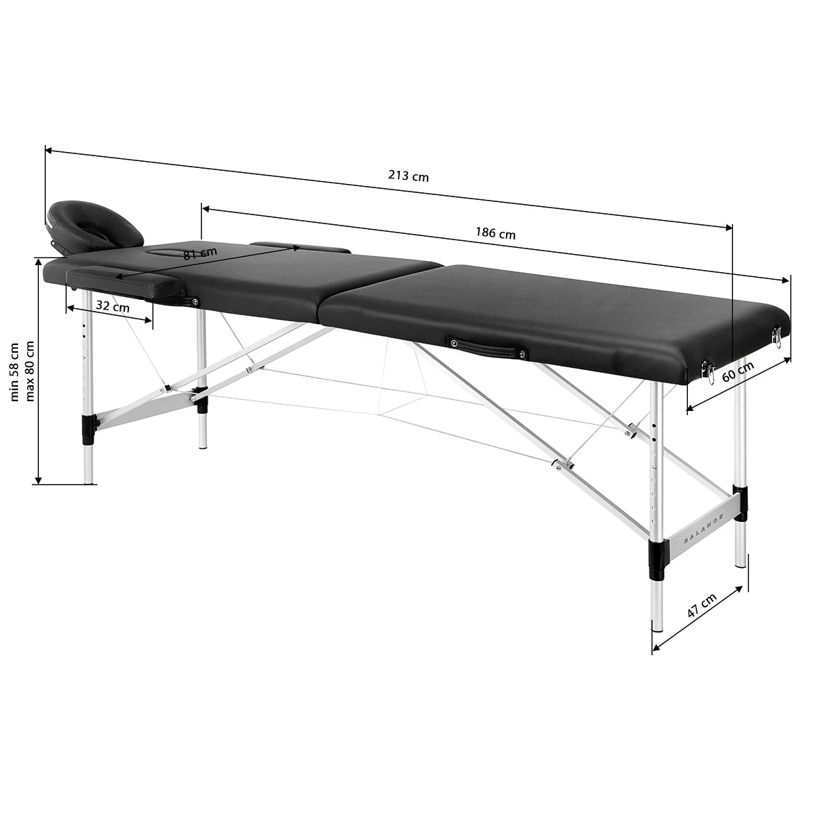 Складной массажный стол BALANCE из алюминия, 2 секции, черный